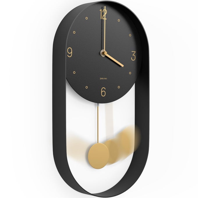 MODERN PENDULUM WALL CLOCK DECORATIVE AND UNIQUE METAL FRAME WITH 8 INCH FACE CONTEMPORARY MINIMALIST DESIGN WITH SILENT BATTERY OPERATION INCLUDES BOTH BLACK AND GOLD PENDELUM