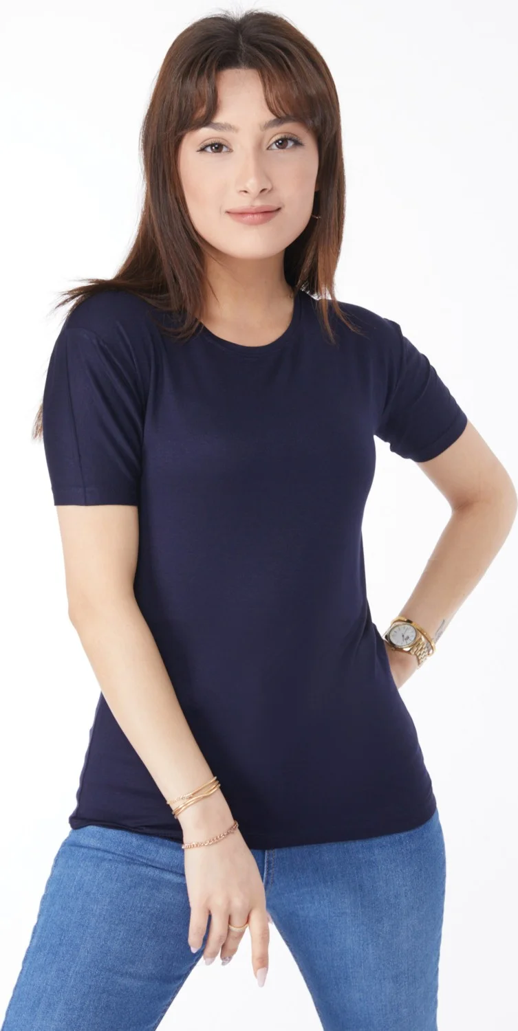 Tofisa Plain Crew Neck Women's Navy Blue Short Sleeve Unprinted T-Shirt - 24764
