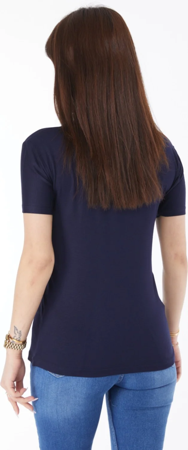 Tofisa Plain Crew Neck Women's Navy Blue Short Sleeve Unprinted T-Shirt - 24764