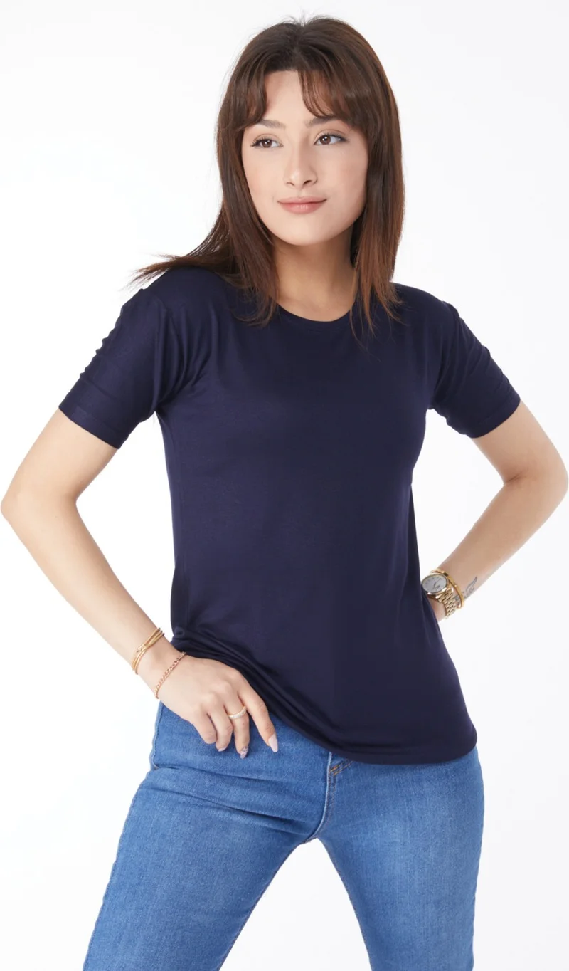 Tofisa Plain Crew Neck Women's Navy Blue Short Sleeve Unprinted T-Shirt - 24764