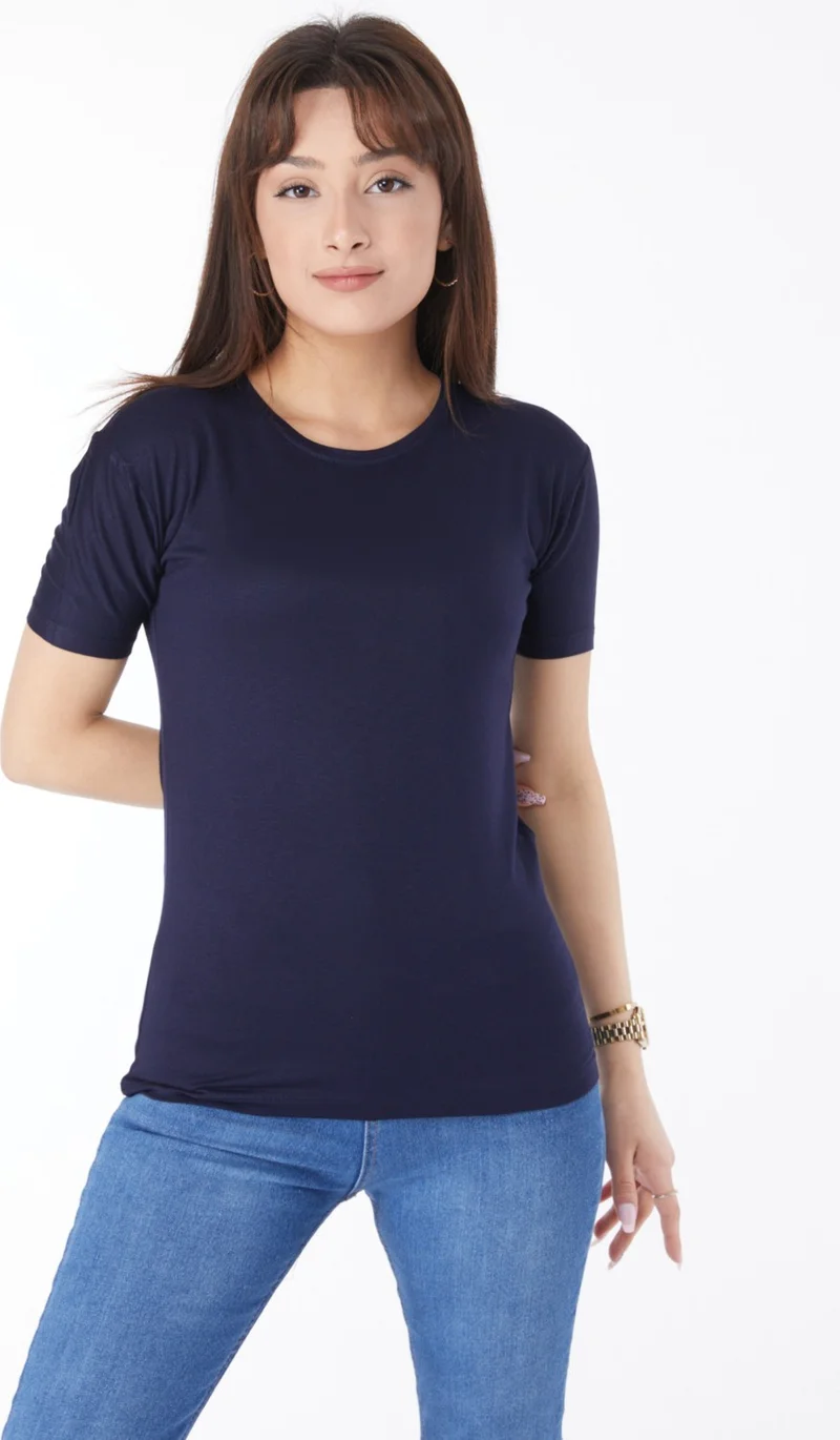 Tofisa Plain Crew Neck Women's Navy Blue Short Sleeve Unprinted T-Shirt - 24764