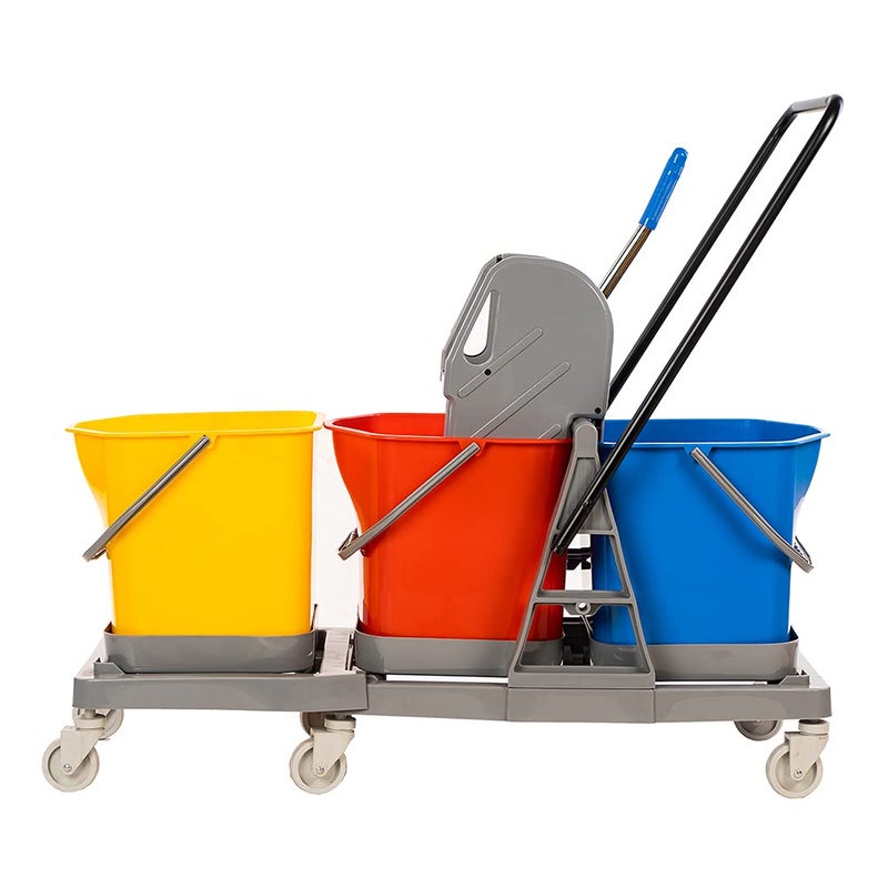 Aspire™Three Bucket Mop Winger Trolley System for Hospital Cleaning | 3 Bucket Mop Wringer Trolley (60 LTR) 