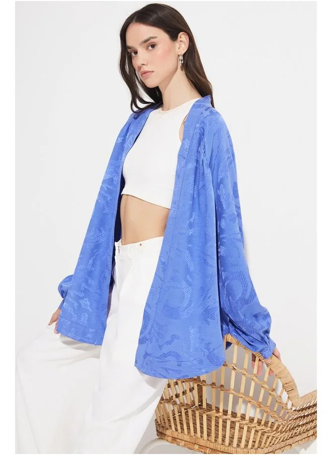 جون June Women Exclusive Self-Patterned Rayon Blend Kimono Blue