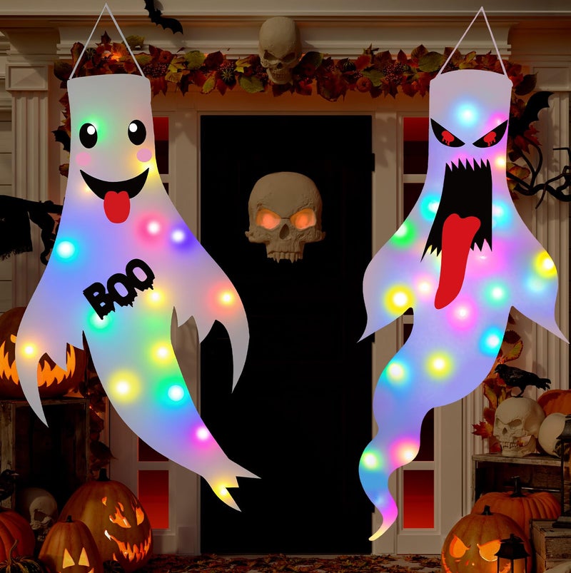 Tepoobea Halloween Decorations Outdoor Indoor, 2 Pack Light Up Ghost Decorations with LED Lights, Hanging Ghost Halloween Decor for Yard Porch Garden Lawn Party (1A-2Pack) - Image 1