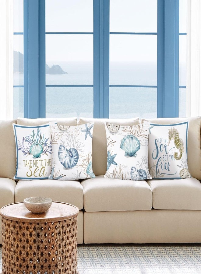 Bonhause Nautical Coastal Throw Pillow Covers 18x18 Set of 4 Ocean Themed Beach Seashell Coral Starfish Pillows Case Soft Velvet Cushion Covers for Outdoor Sofa Home Decor - Image 3
