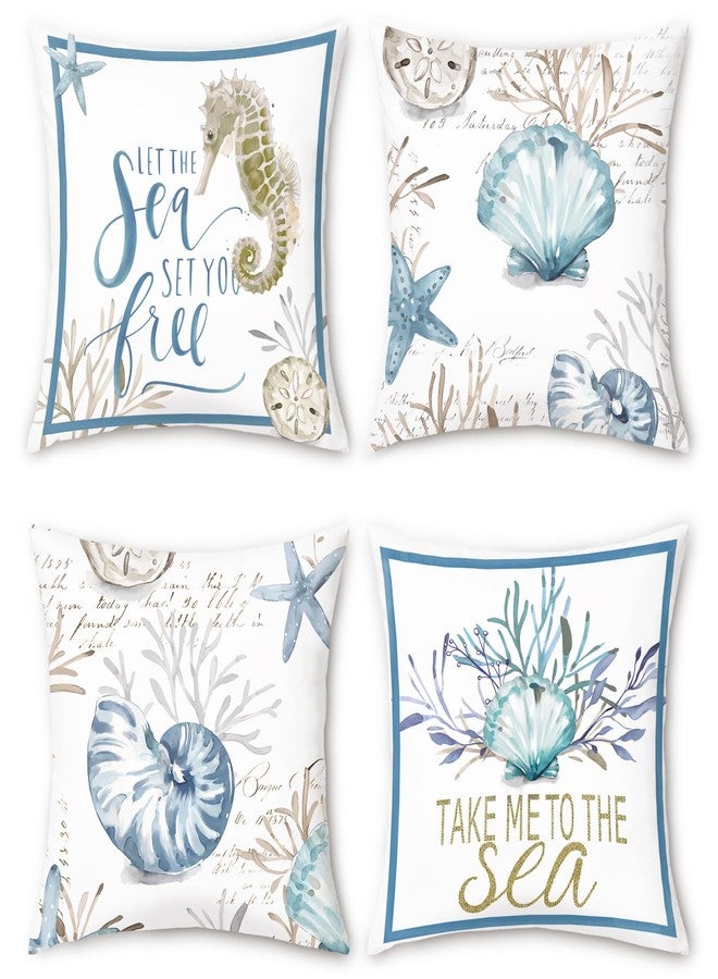 Bonhause Nautical Coastal Throw Pillow Covers 18x18 Set of 4 Ocean Themed Beach Seashell Coral Starfish Pillows Case Soft Velvet Cushion Covers for Outdoor Sofa Home Decor - Image 1