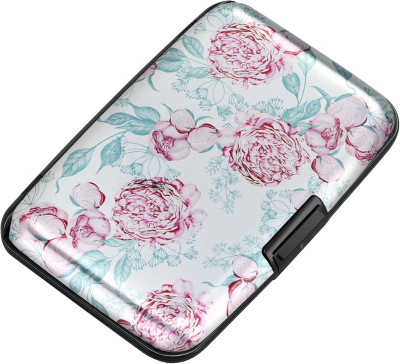 ELFISH Mini RFID Aluminum Wallet Credit Cards Holder Business Card Case Metal ID Case for Men Women(Peonies) - Image 1