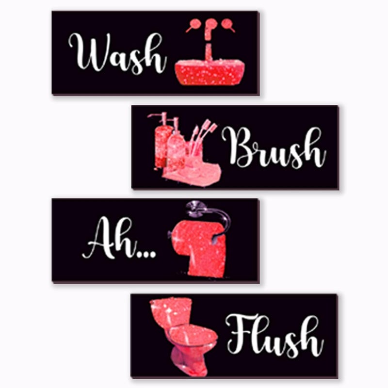 ARS Graphics ARS® 4 Pcs Red Bathroom Decor - Funny Wooden Glitter Signs for Toilet Decoration - Image 1