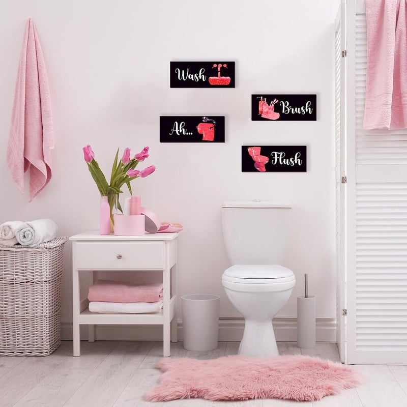 ARS Graphics ARS® 4 Pcs Red Bathroom Decor - Funny Wooden Glitter Signs for Toilet Decoration - Image 2