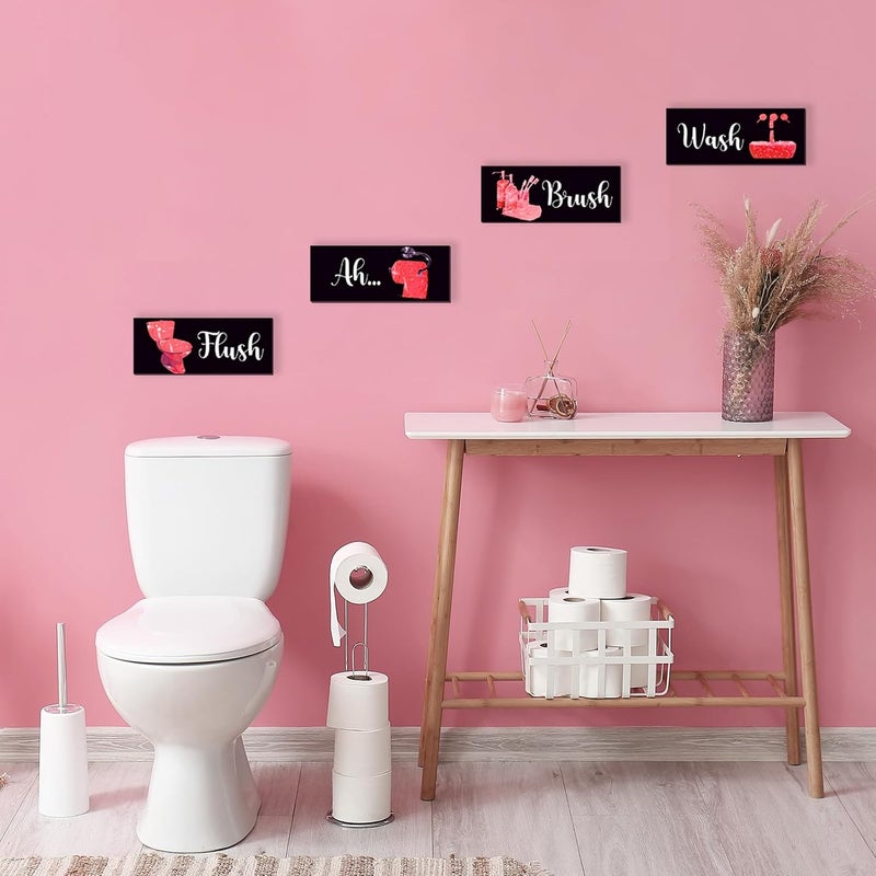 ARS Graphics ARS® 4 Pcs Red Bathroom Decor - Funny Wooden Glitter Signs for Toilet Decoration - Image 3
