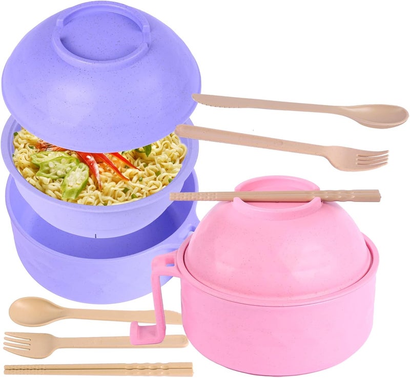 Eternelovery Microwave Ramen Cooker Ramen Bowl Set of 2 Instant Noodles Bowl with Spoon Chopsticks Fork for Girls for Boys College Dorm Home Office Apartment Essentials - Image 1