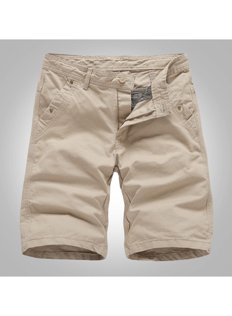 Loquat Men's Solid Color Shorts, Pure Cotton Casual Pants Khaki  - Image 1