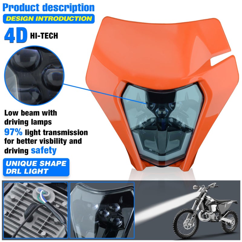 MCHMFG Dirt Bike Headlight Dirtbike LED Headlights Kit Motorcycle Head Lamp Light Kit Universal for Most Dirt Pit Enduro Bike Motorcycle Headlamp Frontlight for ATV Quad Orange - Image 3