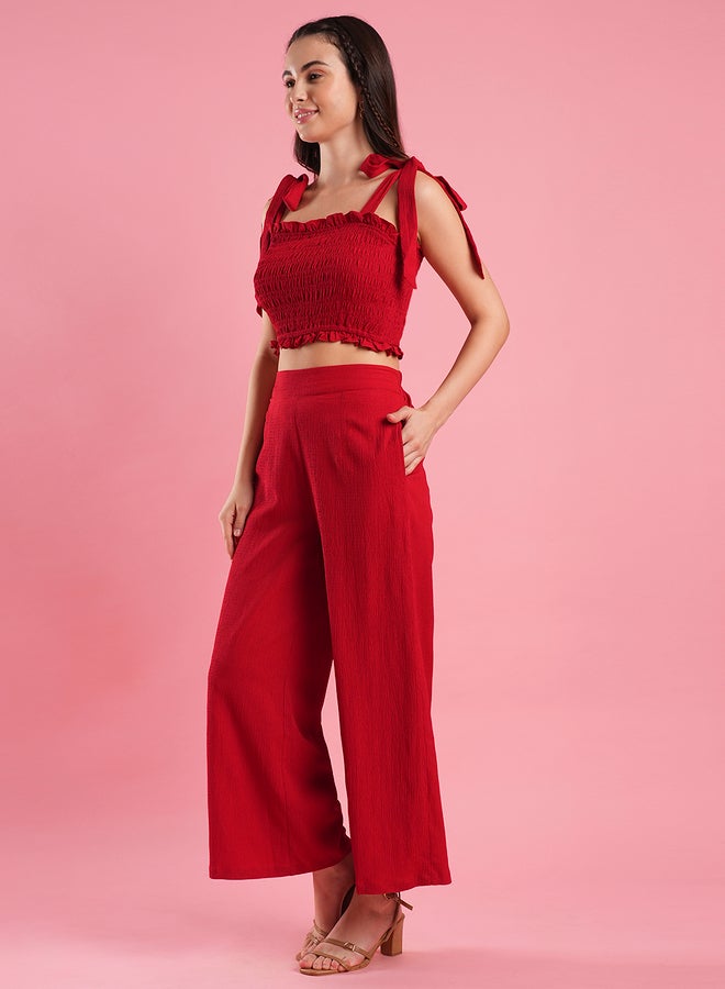 Globus Smocked Detail Strappy Crop Top and Elasticated Waistband Trousers Co-Ords - Image 2