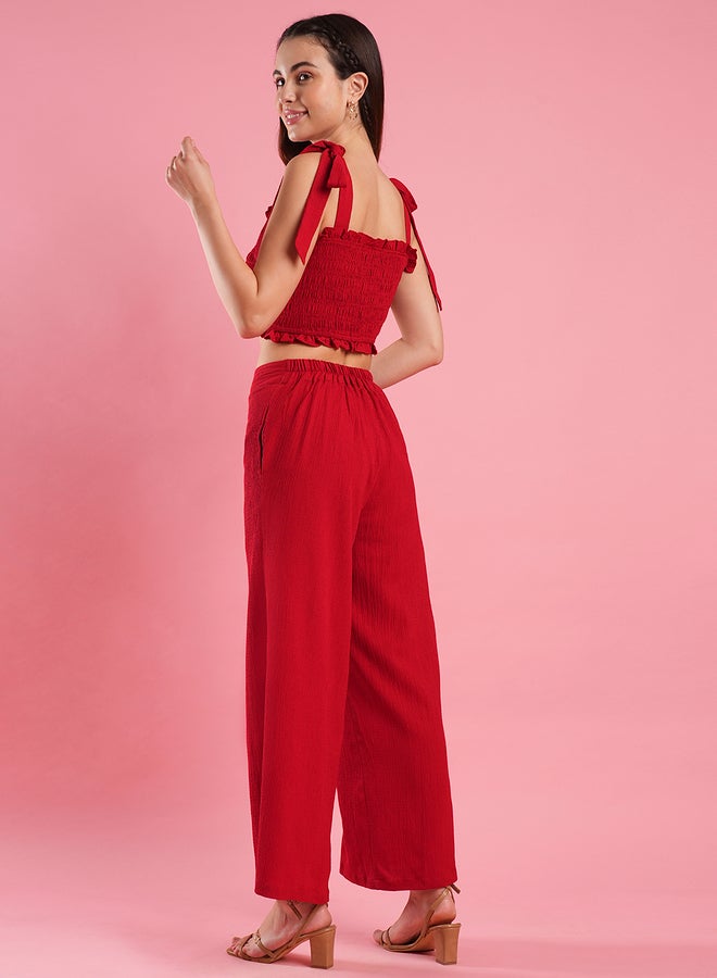 Globus Smocked Detail Strappy Crop Top and Elasticated Waistband Trousers Co-Ords - Image 3