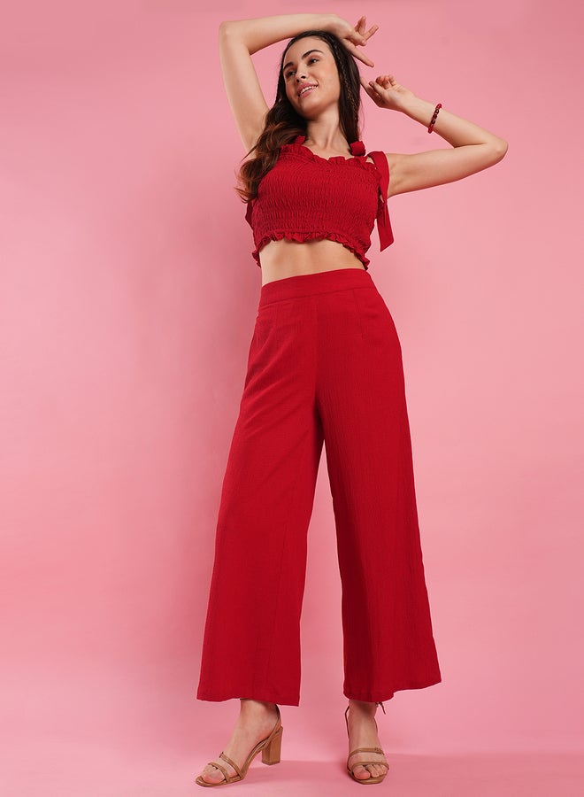 Globus Smocked Detail Strappy Crop Top and Elasticated Waistband Trousers Co-Ords - Image 1