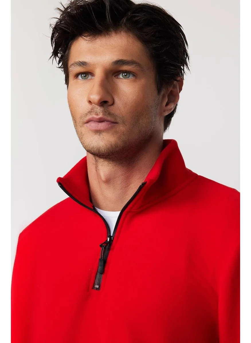 Tudors Men's Standard Fit Relaxed Cut Non-Pilling Cold Proof Red Stand Collar Fleece Sweatshirt