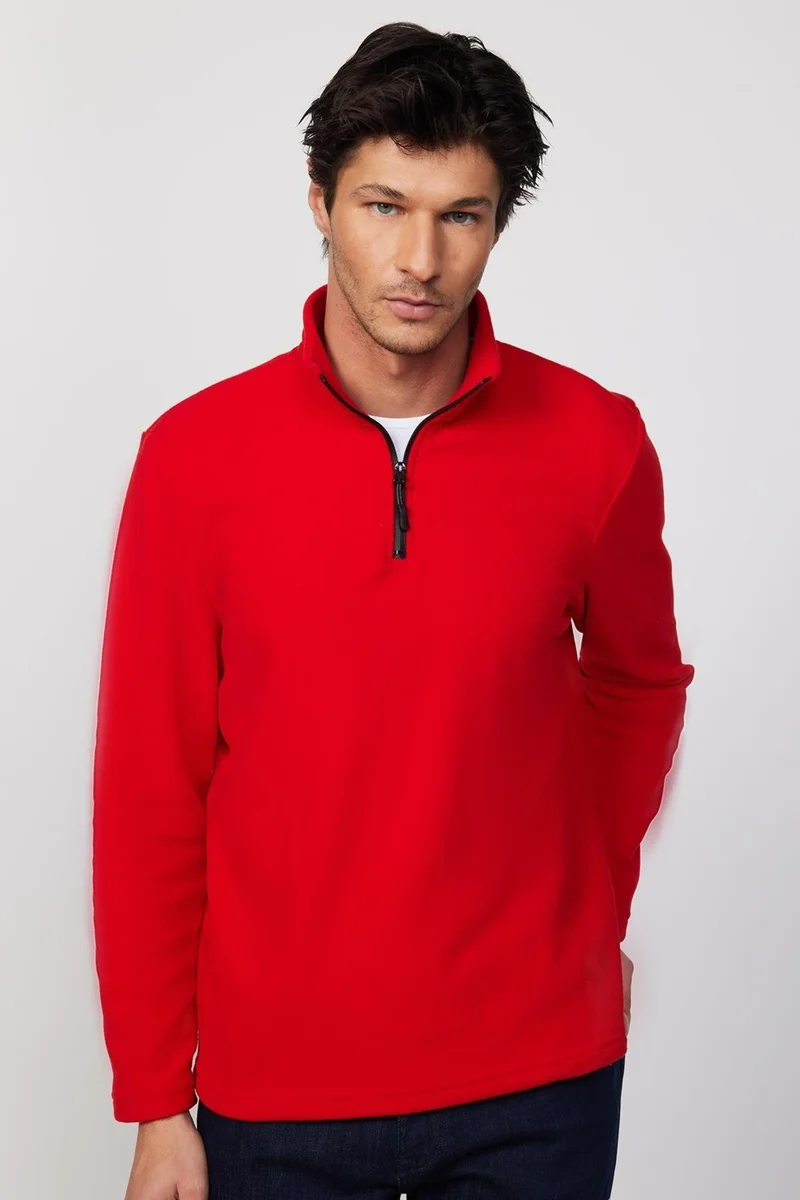 تودورس Men's Standard Fit Relaxed Cut Non-Pilling Cold Proof Red Stand Collar Fleece Sweatshirt