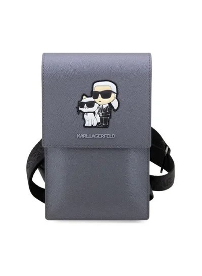 Karl Lagerfeld Phone Pouch Universal Saffiano K&C NFT Detachable Shoulder Strap with 3 Card Slot and 2 Compartment - Silver