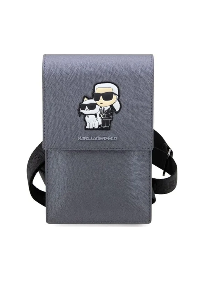 Karl Lagerfeld Phone Pouch Universal Saffiano K&C NFT Detachable Shoulder Strap with 3 Card Slot and 2 Compartment - Silver