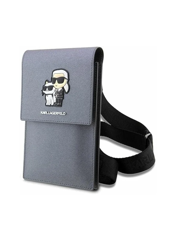 Karl Lagerfeld Phone Pouch Universal Saffiano K&C NFT Detachable Shoulder Strap with 3 Card Slot and 2 Compartment - Silver