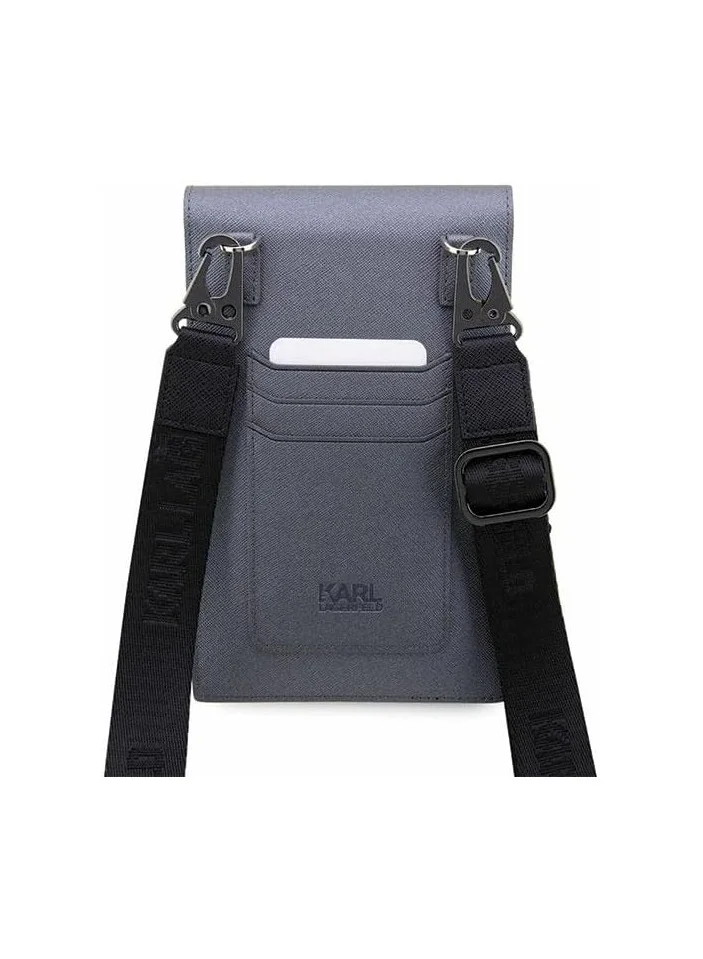 Karl Lagerfeld Phone Pouch Universal Saffiano K&C NFT Detachable Shoulder Strap with 3 Card Slot and 2 Compartment - Silver