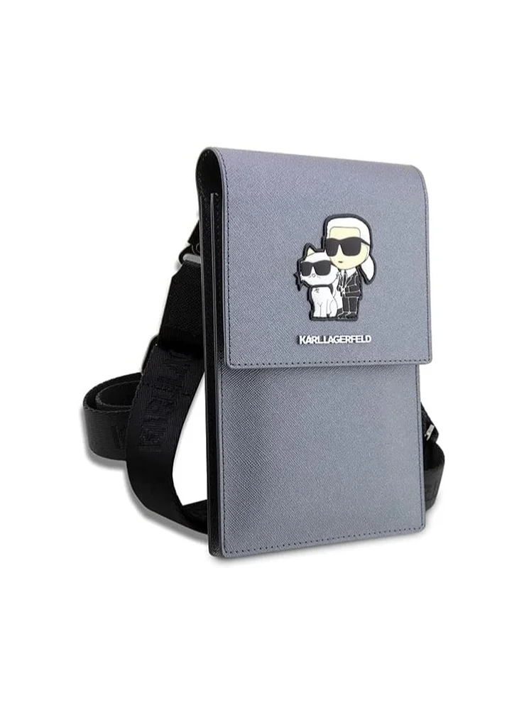 Karl Lagerfeld Phone Pouch Universal Saffiano K&C NFT Detachable Shoulder Strap with 3 Card Slot and 2 Compartment - Silver