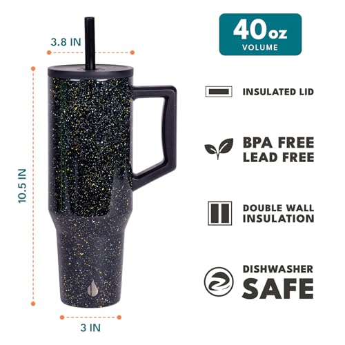 Elemental 40 oz Tumbler with Handle and Straw Spill Proof Insulated Stainless Steel Commuter for Cold Beverages Travel Coffee Mug with 2 Straws Spill Proof Lid 40oz Black Speckle - Image 3
