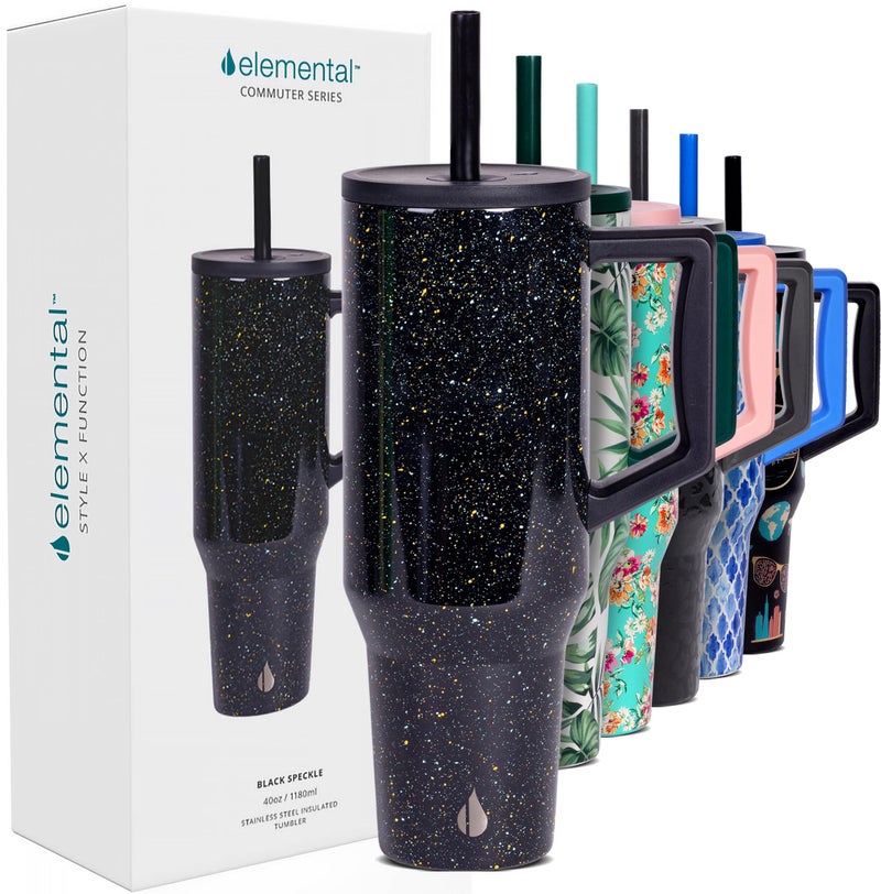 Elemental 40 oz Tumbler with Handle and Straw Spill Proof Insulated Stainless Steel Commuter for Cold Beverages Travel Coffee Mug with 2 Straws Spill Proof Lid 40oz Black Speckle - Image 2