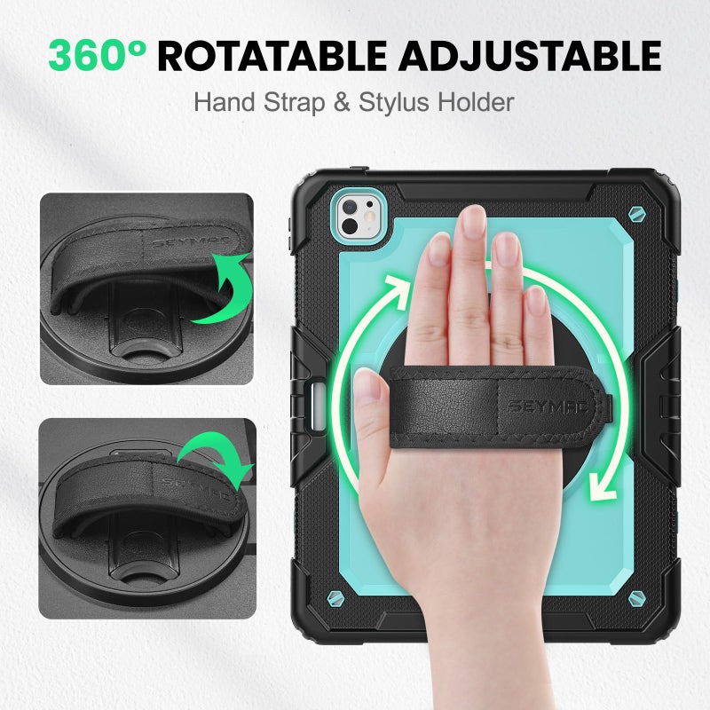 SEYMAC Case for iPad Pro 13 Inch M5 2025 / M4 2024, Heavy Duty Shockproof Protective Case with Screen Protector, 360Â° Rotating Stand, Hand/Shoulder Strap and Pen Holder, Light Blue - Image 3