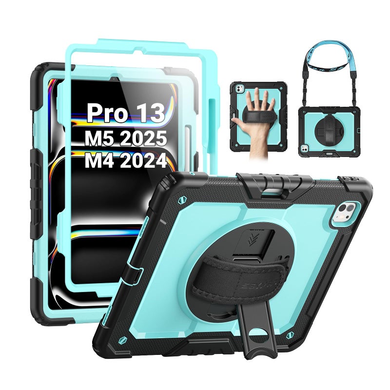SEYMAC Case for iPad Pro 13 Inch M5 2025 / M4 2024, Heavy Duty Shockproof Protective Case with Screen Protector, 360Â° Rotating Stand, Hand/Shoulder Strap and Pen Holder, Light Blue - Image 1