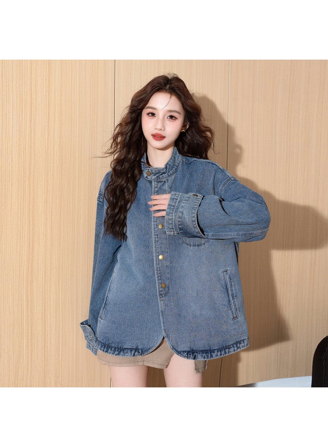 TonLion korean Slim-fit Spring Stand Collar Denim Jacket - High Street Retro Youthful Versatile Women's Coat - Image 3