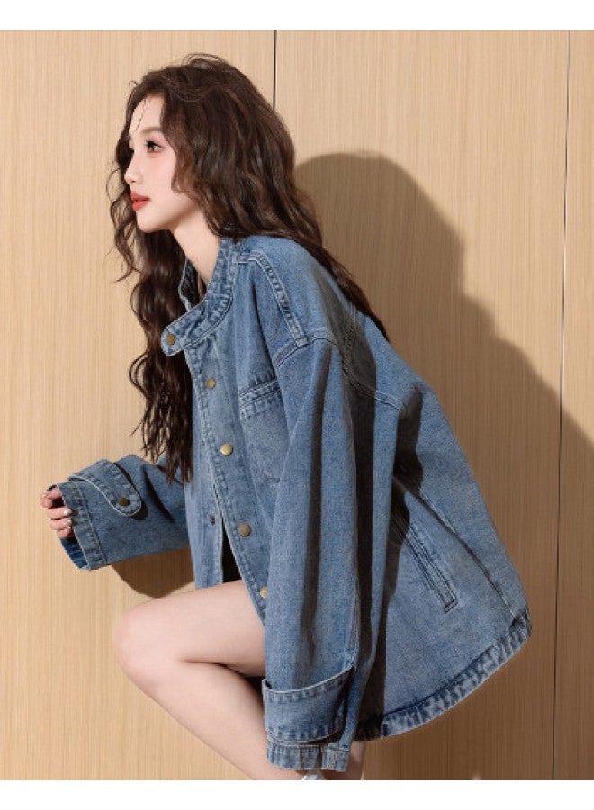 TonLion korean Slim-fit Spring Stand Collar Denim Jacket - High Street Retro Youthful Versatile Women's Coat - Image 1
