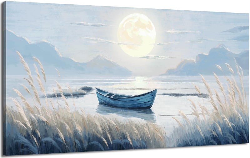amatop Large Wall Art for Living Room Bedroom Decor - Modern Nautical Beachy Ocean Beach Seascape Nature Artwork with Blue Boat Moon Lake Mountain Sea - Relaxing Serene Canvas Picture for Coastal Rustic Home - Image 1