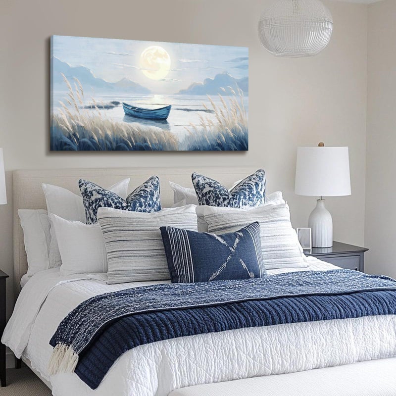 amatop Large Wall Art for Living Room Bedroom Decor - Modern Nautical Beachy Ocean Beach Seascape Nature Artwork with Blue Boat Moon Lake Mountain Sea - Relaxing Serene Canvas Picture for Coastal Rustic Home - Image 2