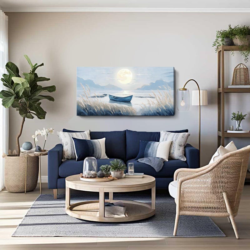 amatop Large Wall Art for Living Room Bedroom Decor - Modern Nautical Beachy Ocean Beach Seascape Nature Artwork with Blue Boat Moon Lake Mountain Sea - Relaxing Serene Canvas Picture for Coastal Rustic Home - Image 3