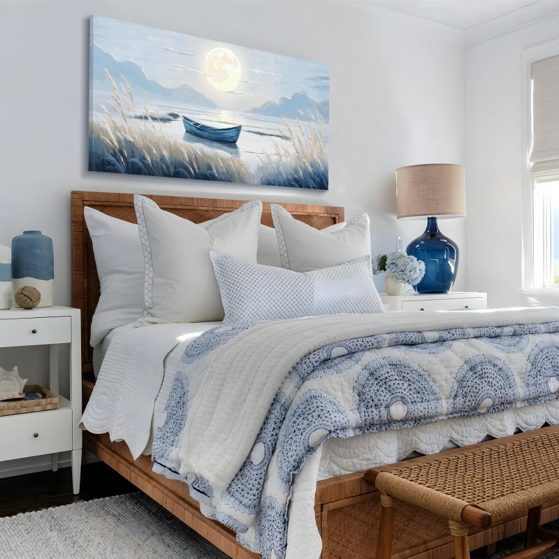 amatop Large Wall Art for Living Room Bedroom Decor - Modern Nautical Beachy Ocean Beach Seascape Nature Artwork with Blue Boat Moon Lake Mountain Sea - Relaxing Serene Canvas Picture for Coastal Rustic Home - Image 5