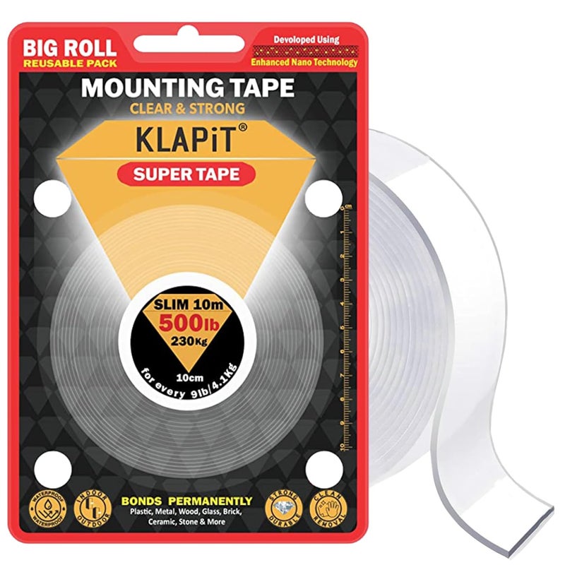 كلابيت شريط لاصق فائق - شريط لاصق شفاف مزدوج الجوانب مقاوم للماء وشديد التحمل بتقنية النانو المحسنة يتحمل حتى 230 كجم للمنزل والمكتب والمطبخ والحمام يعمل على الجدران والخشب والمعادن والزجاج والسيراميك - Image 1