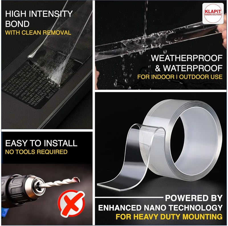 كلابيت شريط لاصق فائق - شريط لاصق شفاف مزدوج الجوانب مقاوم للماء وشديد التحمل بتقنية النانو المحسنة يتحمل حتى 230 كجم للمنزل والمكتب والمطبخ والحمام يعمل على الجدران والخشب والمعادن والزجاج والسيراميك - Image 3