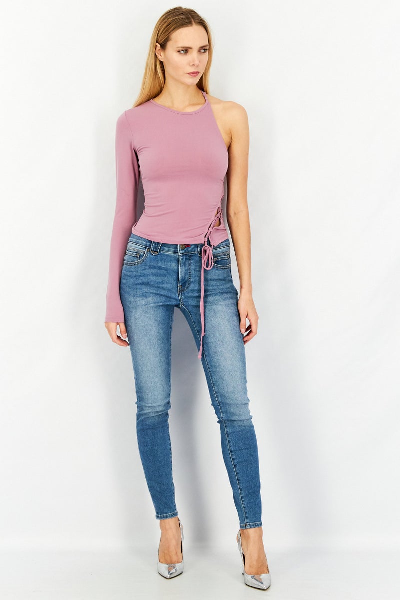 NA-KD Women Round Neck One Shoulder Sleeve Tie Detail Top, Dusty Lavender - Image 3