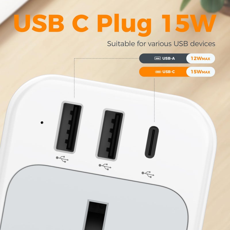 TESSAN USB C Plug Adapter UK, Plug Extension Socket with 3 USB Ports - Image 3