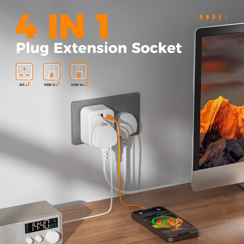 TESSAN USB C Plug Adapter UK, Plug Extension Socket with 3 USB Ports - Image 2