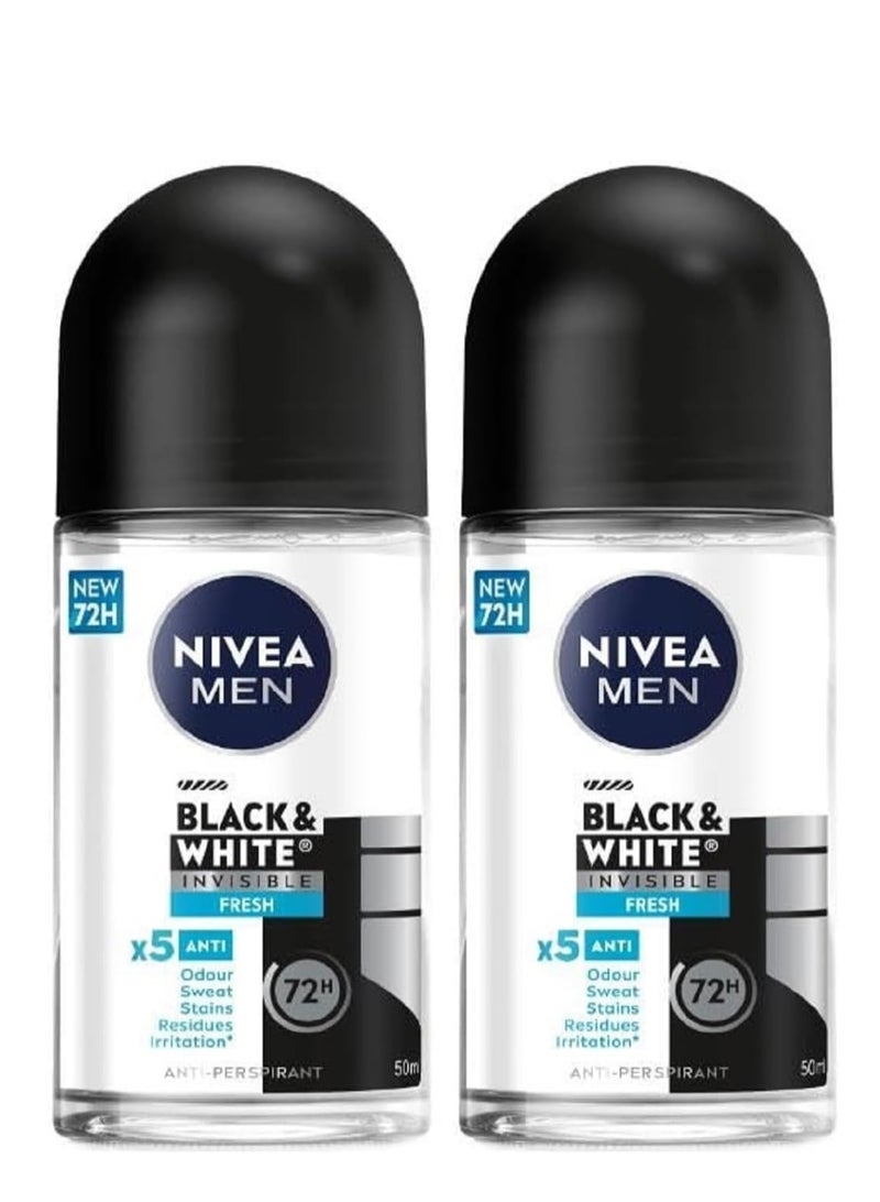 MEN Antiperspirant Roll-on for Men, Black & White Invisible Protection Fresh, 2x50ml