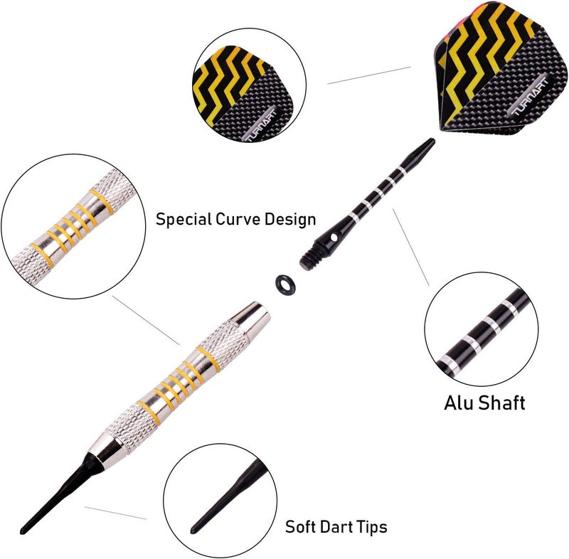 Turnart Darts Plastic Tip - Professional Soft Tip Darts Set for Electronic Dartboard 9 Pcs 18 Grams with 50 Extra Tips 9 Shafts 27 Flights Tool Kit Flight Protectors and Gift Darts Case - Image 4