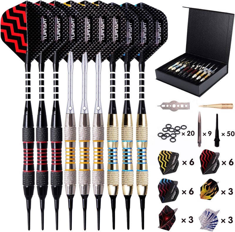 Turnart Darts Plastic Tip - Professional Soft Tip Darts Set for Electronic Dartboard 9 Pcs 18 Grams with 50 Extra Tips 9 Shafts 27 Flights Tool Kit Flight Protectors and Gift Darts Case - Image 1