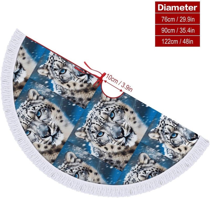 Blue Eyed Snow Leopard Christmas Tree Skirt Classic Round Xmas Tree Skirt Protects Floors Christmas Tree Mat with Tassels for Winter Holiday Party Indoor Decor - Image 2