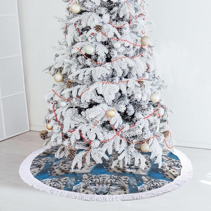 Blue Eyed Snow Leopard Christmas Tree Skirt Classic Round Xmas Tree Skirt Protects Floors Christmas Tree Mat with Tassels for Winter Holiday Party Indoor Decor - Image 5