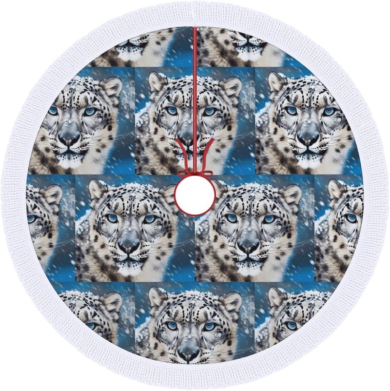 Blue Eyed Snow Leopard Christmas Tree Skirt Classic Round Xmas Tree Skirt Protects Floors Christmas Tree Mat with Tassels for Winter Holiday Party Indoor Decor - Image 1