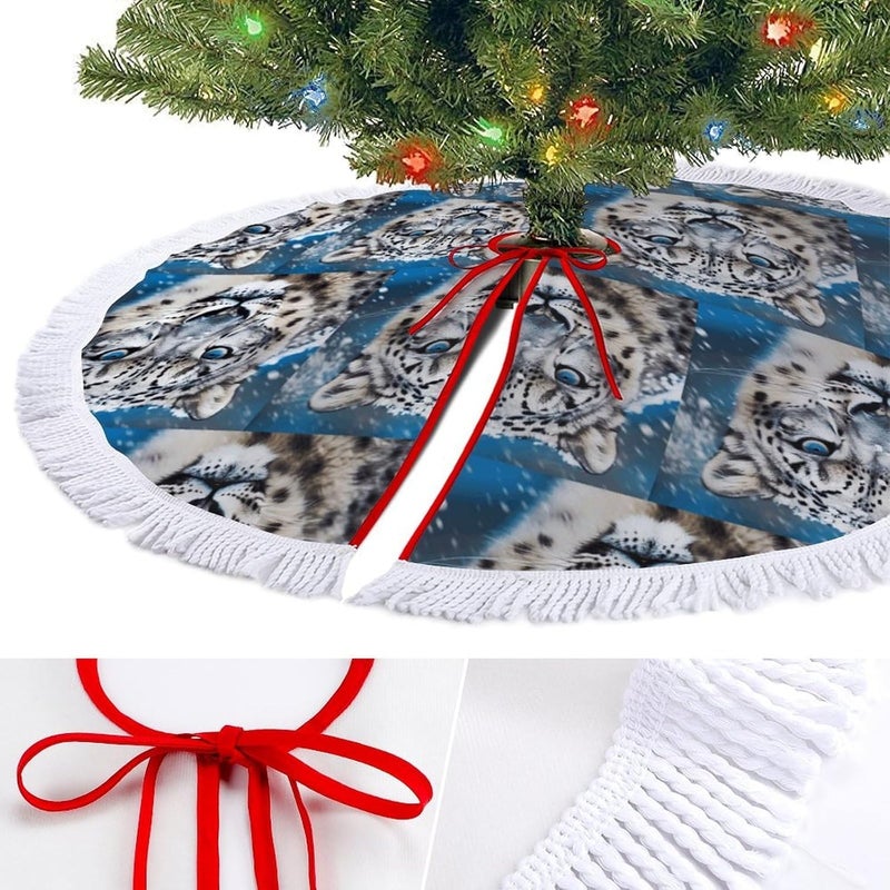 Blue Eyed Snow Leopard Christmas Tree Skirt Classic Round Xmas Tree Skirt Protects Floors Christmas Tree Mat with Tassels for Winter Holiday Party Indoor Decor - Image 3