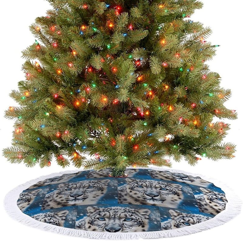 Blue Eyed Snow Leopard Christmas Tree Skirt Classic Round Xmas Tree Skirt Protects Floors Christmas Tree Mat with Tassels for Winter Holiday Party Indoor Decor - Image 4